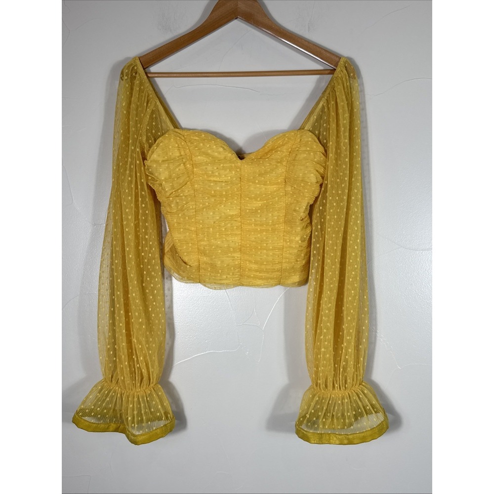 A Peach Boutique Women Yellow Sheer Balloon Sleeve Cropped Blouse M Full Zip